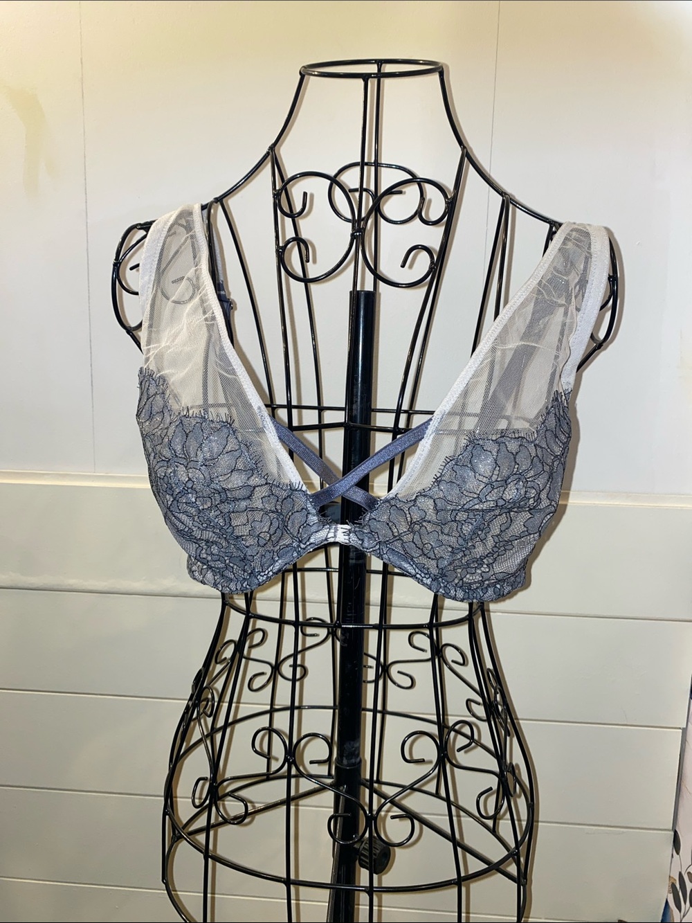 Victoria's Secret Gray Lace Plunge Bra with Sheer Mesh Straps